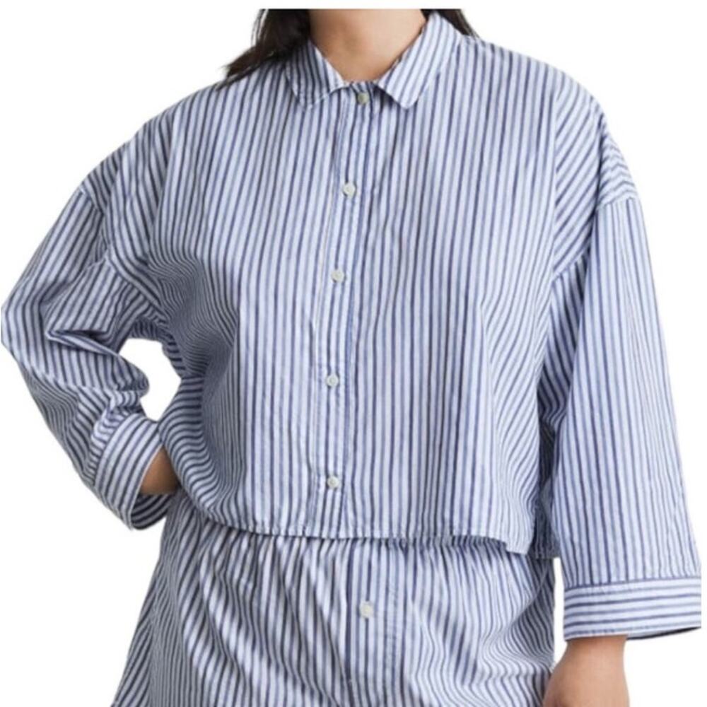 EVERLANE Women's Blue and White Striped Cotton Woven PJ Top Size Small NWT